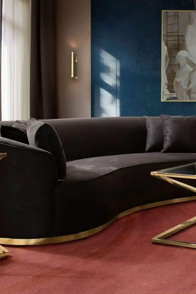 Raven Curved Sofa In Black Suede Velvet And Brushed Gold